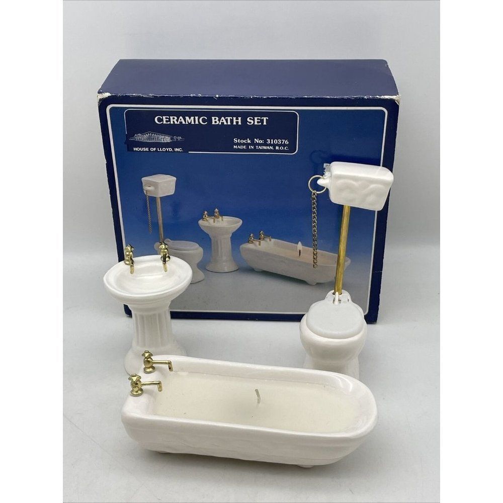 Vintage House of Lloyd Dollhouse Bathroom Set Toilet Bathtub Sink Ceramic NOS